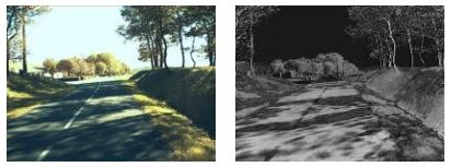 Left: RGB image of road with severe shadows. Right: S component grayscale image.
