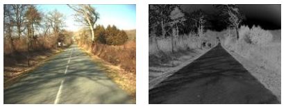 Left: RGB image of road with weak shadows. Right: S component grayscale image.